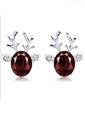 Reindeer Burgundy Crystal Holiday Earrings Silver New